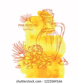 Watercolor background with cedar cone and bottle of cedar oil. Vector hand drawn illustration