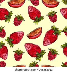 Watercolor background with cherry and raspberry. Seamless vector pattern.