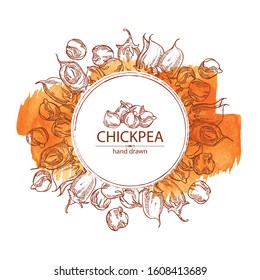 Watercolor background with chickpea: chickpea bean, pod, chickpea plant and leaves Vector hand drawn illustration