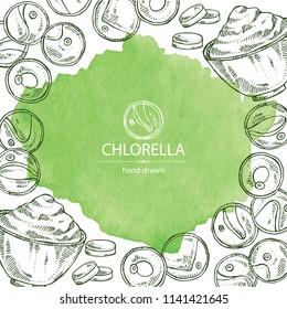 Watercolor background with chlorella: chlorella seaweed, powder and tablet. Unicellular green algae. Edible seaweed. Vector hand drawn illustration.