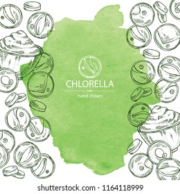 Watercolor background with chlorella: chlorella seaweed, powder and tablet. Unicellular green algae. Edible seaweed. Vector hand drawn illustration.