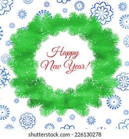 Watercolor background with a Christmas wreath. Winter fir tree. Vector card. 