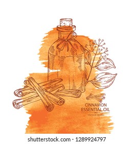Watercolor background with cinnamon and bottle of essential oil. Cosmetic, perfumery and medical plant. Vector hand drawn illustration