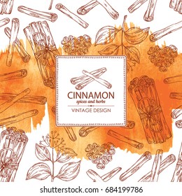 Watercolor background with cinnamon. Vector hand drawn illustration.