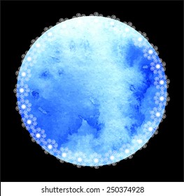 Watercolor background in circle with decorative frame, vector.