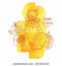 Watercolor background with citron: fruts, citron flower, leaves and zedrate slice and bottle of citron essential oil. Cosmetic, perfumery and medical plant. Vector hand drawn illustratio