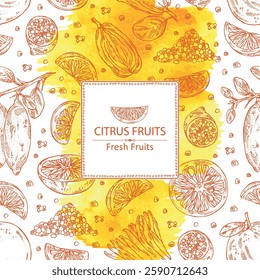 Watercolor background with citrus fruitst: finger lime, grapefruit, yuzu and fingered citron. Vector hand drawn illustration.