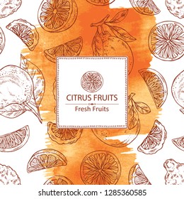 Watercolor background with citrus fruitst: orange, lime, grapefruit and bergamot. Vector hand drawn illustration.