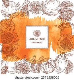 Watercolor background with citrus fruitst: orange, pomelo, tangerine, lime. Vector hand drawn illustration