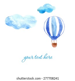 watercolor background of clouds and blue balloon