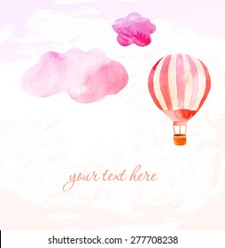 watercolor background of clouds and pink balloon