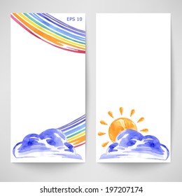 Watercolor background with clouds, sun and rainbow. Summer. Vector illustration.
