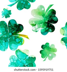 Watercolor background with clover. Happy St. Patrick's Day. mixed media. Seamless background. Vector illustration