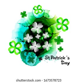 Watercolor background with clover. Happy St. Patrick's Day. mixed media. Vector illustration
