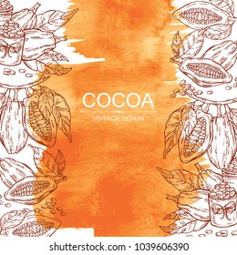 Watercolor background with cocoa: cocoa beans and plant. Vector hand drawn illustration