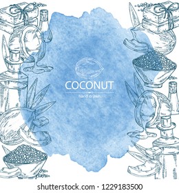 Watercolor background with coconut, coconut oil, soap and bath salt . Cosmetic and medical plant. Vector hand drawn illustration. 