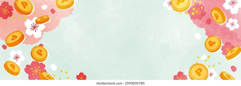 Watercolor Background with Coins and Cherry Blossoms Web graphics