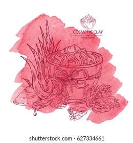 Watercolor background with cosmetic clay: cosmetic clay, aloe and strawberry. Cosmetic and medical plant. hand drawn.