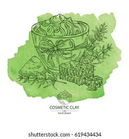 Watercolor background with cosmetic clay: cosmetic clay, honey and rosemary. Cosmetic and medical plant. hand drawn.