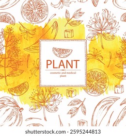 Watercolor background with cosmetic, parfumery and medical plants: lawsonia inermis, yuzu, mango fruit, chinese honeysuckle. Vector hand drawn illustration.