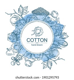 Watercolor background with cotton, cotton plant, soap and bath salt . Cosmetic and medical plant. Vector hand drawn illustration. 