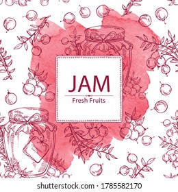 Watercolor background with cranberry berryes and jar of jam with cranberry. Vector hand drawn illustration.