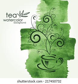 Watercolor background with cup of tea. vector . 