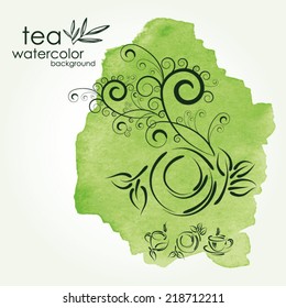 Watercolor background with cup of tea. vector . 