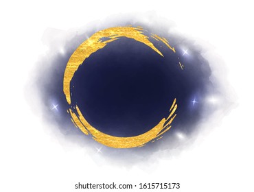 Watercolor background with a dark blue night sky, nebula, stars and a golden circle or moon.