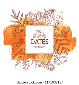 Watercolor background with date fruit: branch, date fruits and leaves. Vector hand drawn illustration.