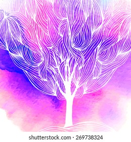 Watercolor background deciduous tree, texture (violet)