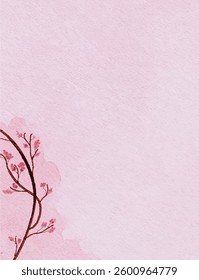 Watercolor background with Delicate Cherry Blossom Branch on Pink Watercolor Paper