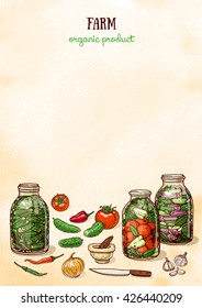 Watercolor background design with farm canning vegetables. Layout design with sketchy food