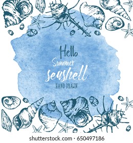 Watercolor  background with different seashells. Summer background. Vector hand drawn illustration