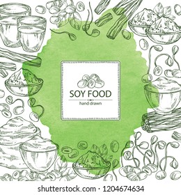 Watercolor background with different soy products: soy flour, a glass of milk, sprouted soybeans and miso. Vector hand drawn illustration.