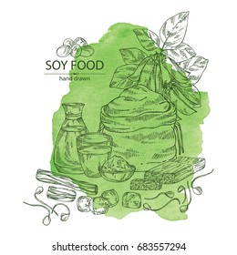 Watercolor background with different soy products: a bottle of soy sauce, flour, a glass of milk, sprouted soybeans and soybean plant. Vector hand drawn illustration.