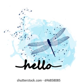 Watercolor background with dragonflies and lettering hello. Brush lettering composition. "Hello" typography design. Abstract Paint Decoration. Hand drawn brush strokes. Vector Illustration.