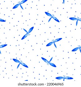 Watercolor background. Dragonflies. Seamless Vector Polka dot. Watercolor stains. 