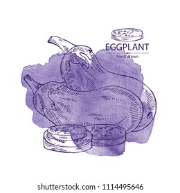 Watercolor background with eggplant: full eggplant, a slice of eggplant. Vector hand drawn illustration.