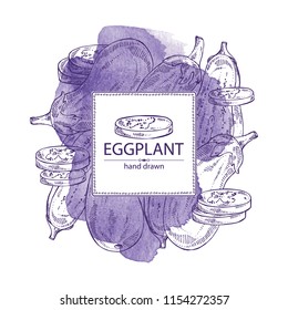 Watercolor background with eggplant: full eggplant, a slice of eggplant. Vector hand drawn illustration.