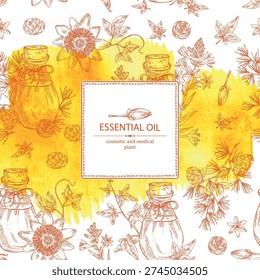 Watercolor background with essential oils: passiflora flowers oil, larix oil, hedera , polianthes tuberosa essential oil. Cosmetic, perfumery and medical plant. Vector hand drawn illustration