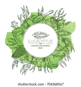 Watercolor background with eucalyptus, essential oil, soap, bath salt and mortar and pestle. Cosmetic, perfumery and medical plant. Vector hand drawn illustration
