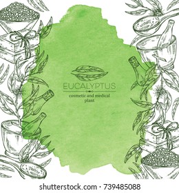 watercolor background with eucalyptus, essential oil, soap, bath salt and mortar and pestle. Cosmetic, perfumery and medical plant. Vector hand drawn illustration.