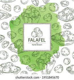 Watercolor background with falafel: falafel in the box. Vegetarian fast food. Vector hand drawn illustration