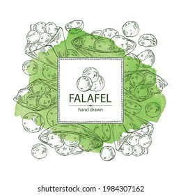 Watercolor background with falafel: falafel in the box. Vegetarian fast food. Vector hand drawn illustration