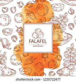Watercolor background with falafel in pita bread with vegetables: falafel, pita bread, tomato, lettuce and cucumber. Vegetarian fast food. Vector hand drawn illustration