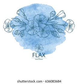 Watercolor background with flax: flower and flax plant. hand drawn