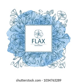 Watercolor background with flax plant seeds and flowers. Vector hand drawn illustration.