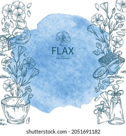 Watercolor background with flax: plant seeds and flax flowers. Oil, soap and bath salt . Cosmetics and medical plant. Vector hand drawn illustration