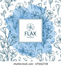 Watercolor background with flax plant seeds and flowers. Vector hand drawn illustration